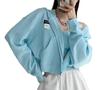 de Short [Maison TAO] Hoodie, Zip-up, Length, Cropped, Hooded, Waffle, Casual, Korean, Plain, Sports, Women's (Blue, L)