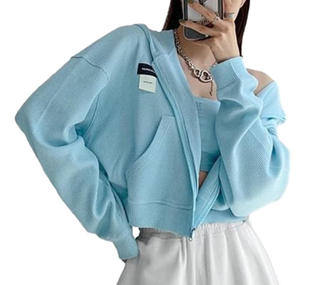 de Short [Maison TAO] Hoodie, Zip-up, Length, Cropped, Hooded, Waffle, Casual, Korean, Plain, Sports, Women's (Blue, L)