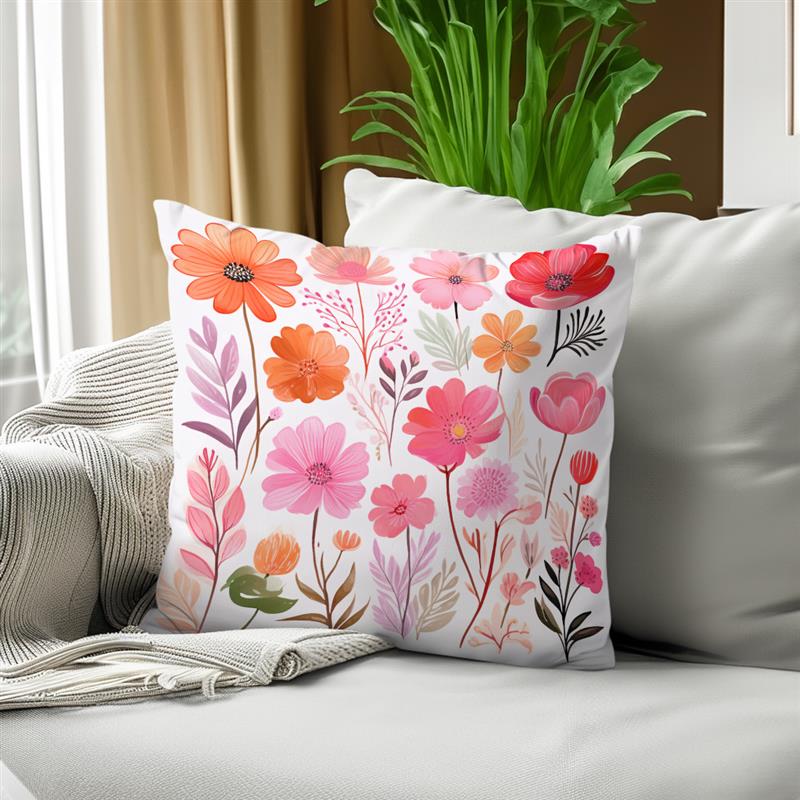 Pink Watercolor Flower Pillowcase Soft Plush Decor Cartoon Floral Plant Cushion Cover For Sofa Home Children Room Pillow Case