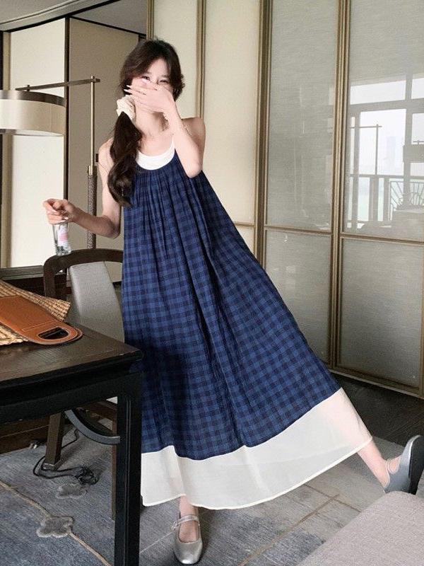 French Blue Plaid Sleeveless Summer Dress - Retro Forest Style Camisole