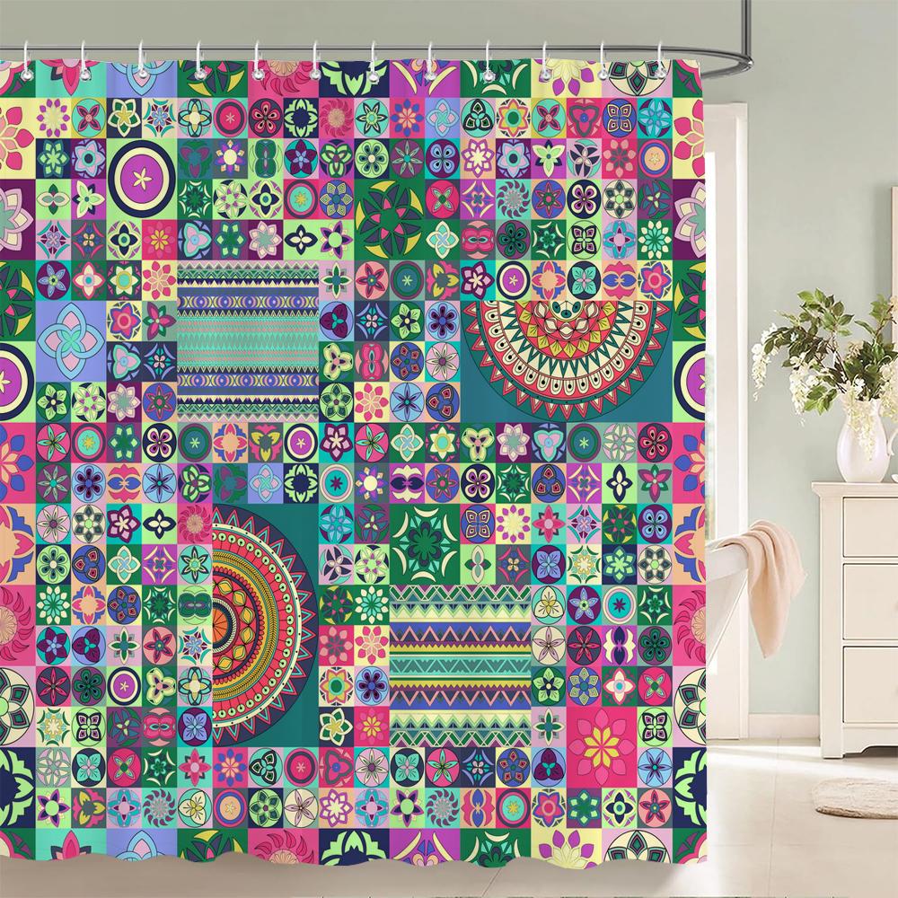 Duschvorhänge im Bohème-Stil Mandala Boho Blumen- und Pflanzendruck Badezimmervorhänge Wasserdichter Polyester Duschvorhang