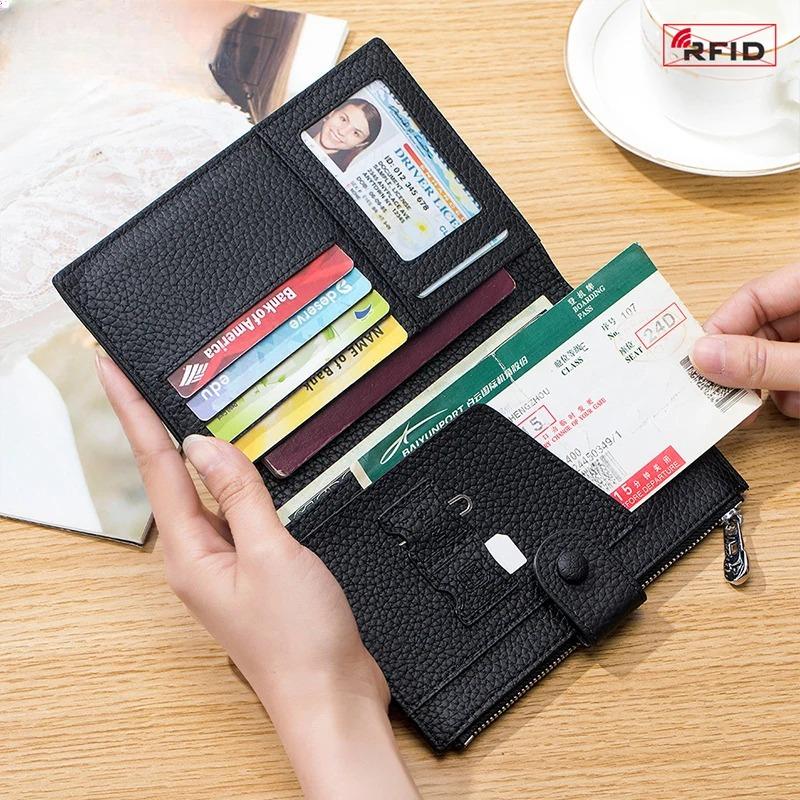 Rfid Multifunctional Travel Passport Wallet Card Holder Women'S Leather Thin Wallet Ticket Cover Holder Zipper Pocket Card Holder