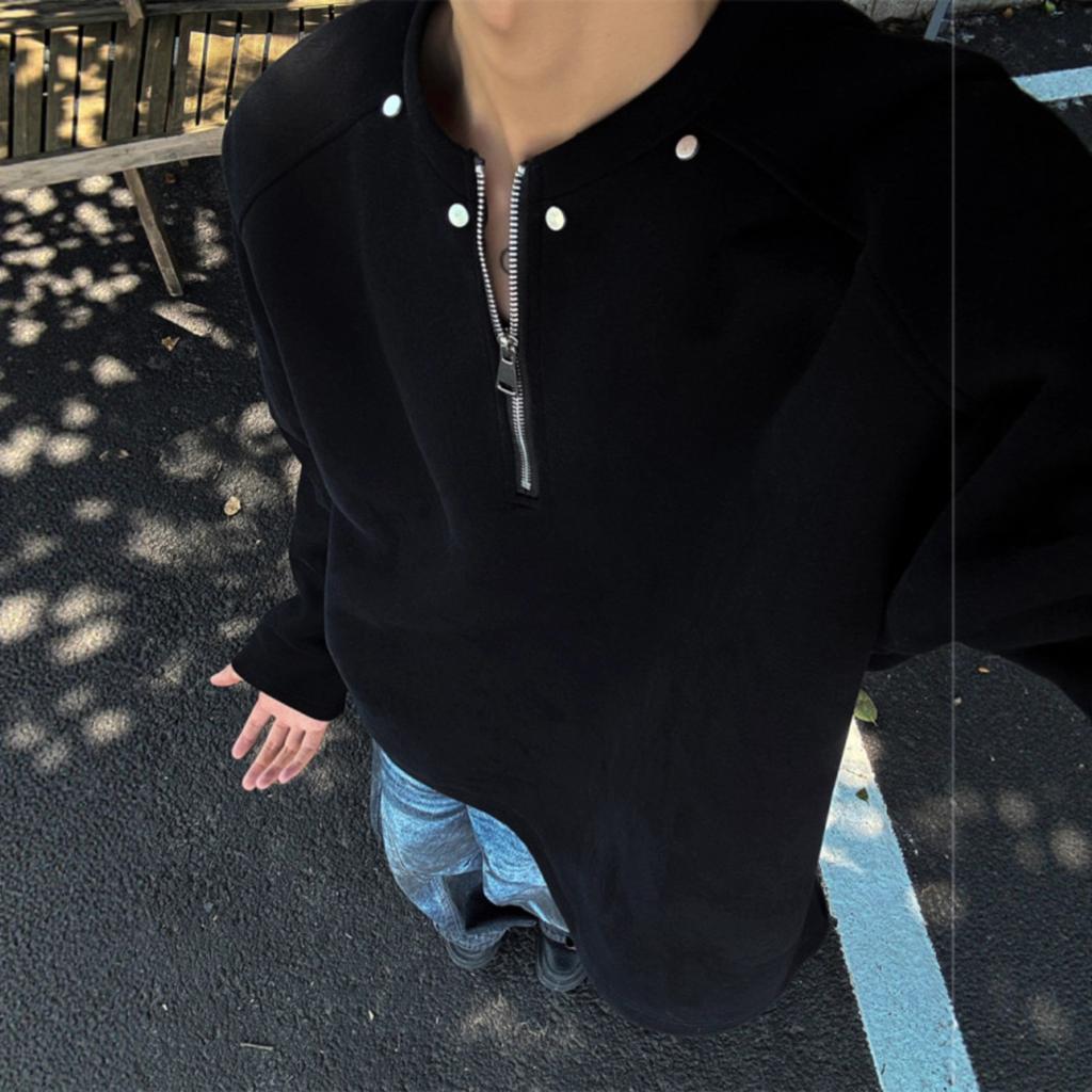 Half Zipper Short Shoulder Sweater Men's Autumn American Loose Casual Long Sleeve Top