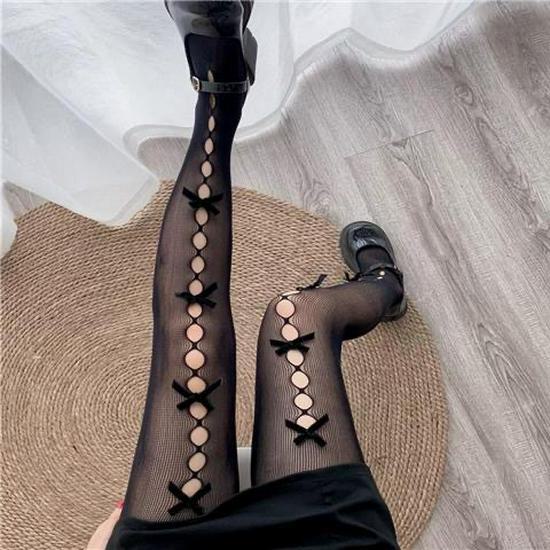 Y2K White Bow Hollow Out Stockings, Sweet Lolita Style, Spring/Autumn Black Silk Pantyhose