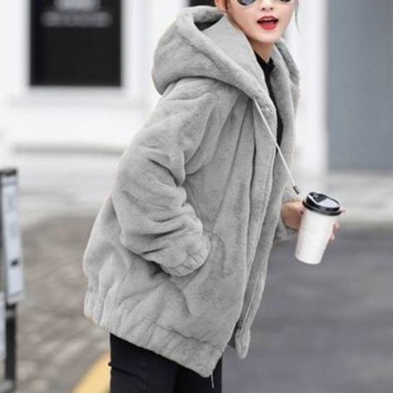 Fall Winter Women Jacket Thick Plush Solid Color Hooded Warm Windproof Soft