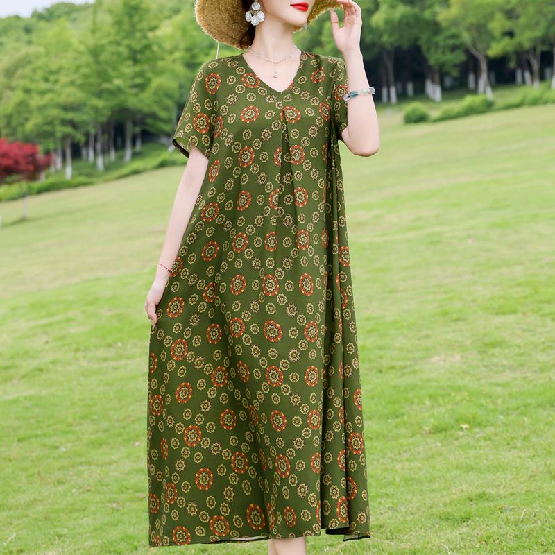 Elegant Women's Dresses Summer Vintage Clothes Plus Size Short Sleeve Casual Loose Long Dress