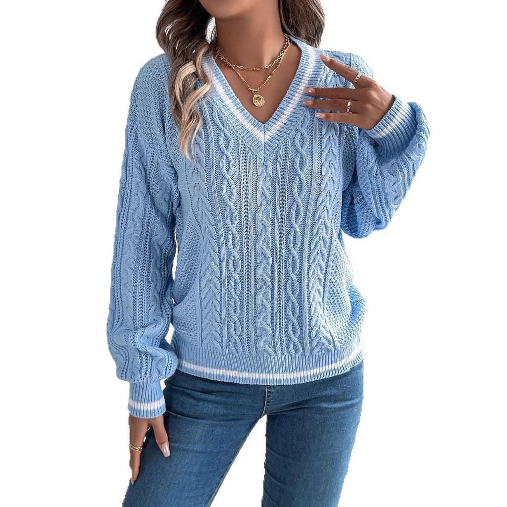 Women's V-Neck Knit Sweater Cable Pattern Long Sleeve Casual Top Solid Color Pullover