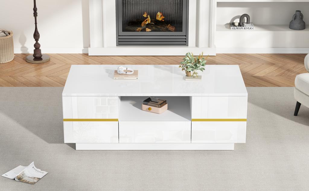 Modern Coffee Table with LED Lighting, Sofa Table, Semi-Open Shelf & 2 Doors, up to 30 kg Load Capacity, White + Golden Accents, 100×50×35.5cm
