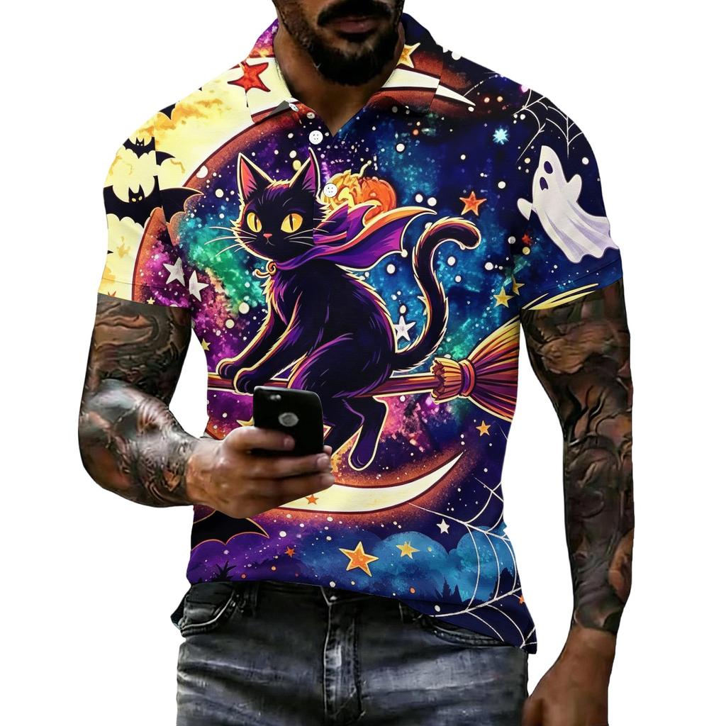 Unisex Loose Fit Casual Short Sleeve Polo Shirt with Halloween Themed Print for Everyday and Seasonal Wear