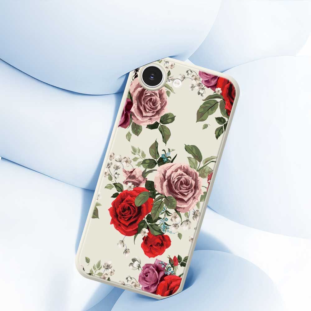For iPhone 16e Case Red and Pink Flowers Pattern Printing Straight Edge TPU Phone Back Cover
