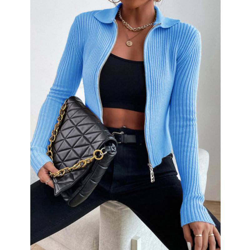 

Ребристый вязаный кардиган с двойной молнией, женский укороченный кардиган, плотный сексуальный свитер с лацканами и длинными рукавами, осенне-зимний свитер, топ S синий