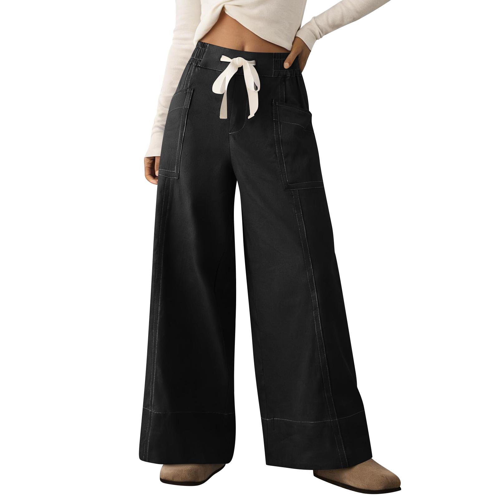 

Women s Wide-Leg Utility Pants, High-Waisted Casual Trousers, Fashionable Multi-Functional Workwear S чёрный