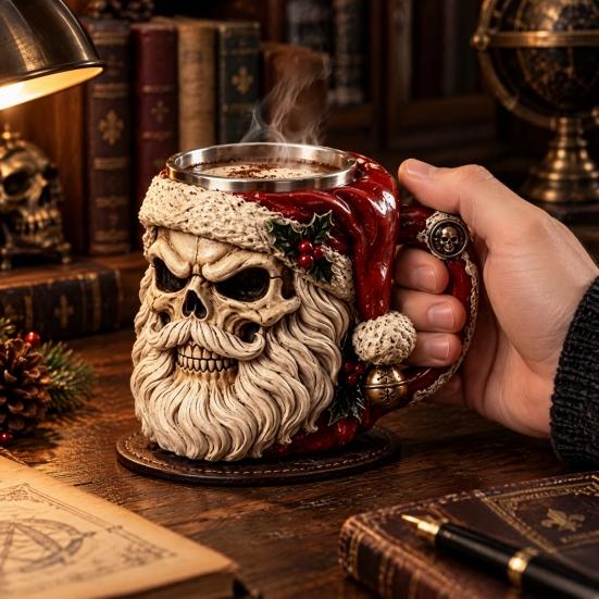 Decorative Cauldron Mug for Fans 3D Dark Christmas Santa Mug, Ugly Design Ceramic Coffee Cup with Gothic Horror Style Travel Handle, Novelty