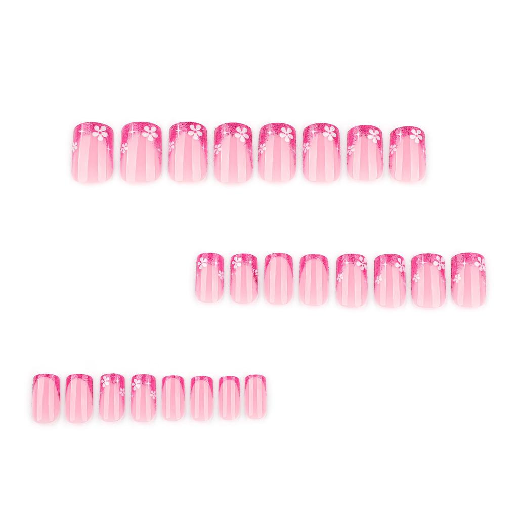 French Rose Red Glitter Press-On Short Square Fake Nails