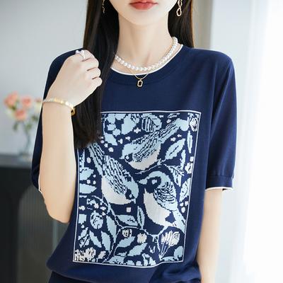 A New Summer Magpie Print Color-blocking Design Round-neck Short-sleeved Top for Women, A Versatile Knitted Sweater