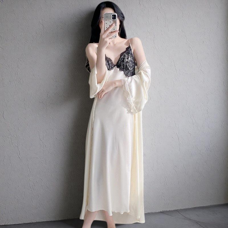 Ice and snow silk long dress women's summer sexy pajamas long suspender nightdress ice lace backless loungewear with chest pad