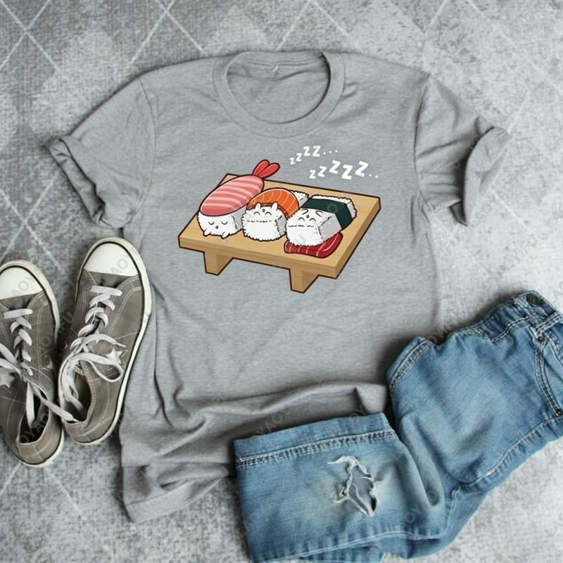 Kawaii Sushi Sovande Unisex Vuxen Bomulls T-shirts Söt Japansk Mat Serier Rolig Rundhalsad Tryckt T-shirt Semesterpresenter Dam Toppar