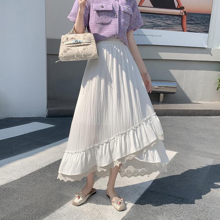 Elegant Lace Trim A-Line Skirt – Summer Women's Asymmetrical Flared Hem Maxi Swing Skirt with Draped Sweet Design