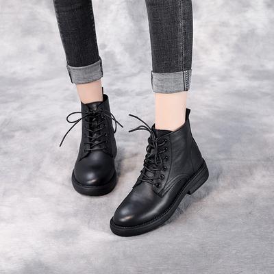 New Autumn-winter Women's Leather Shoes with Laces, Round Toe, Short Boots