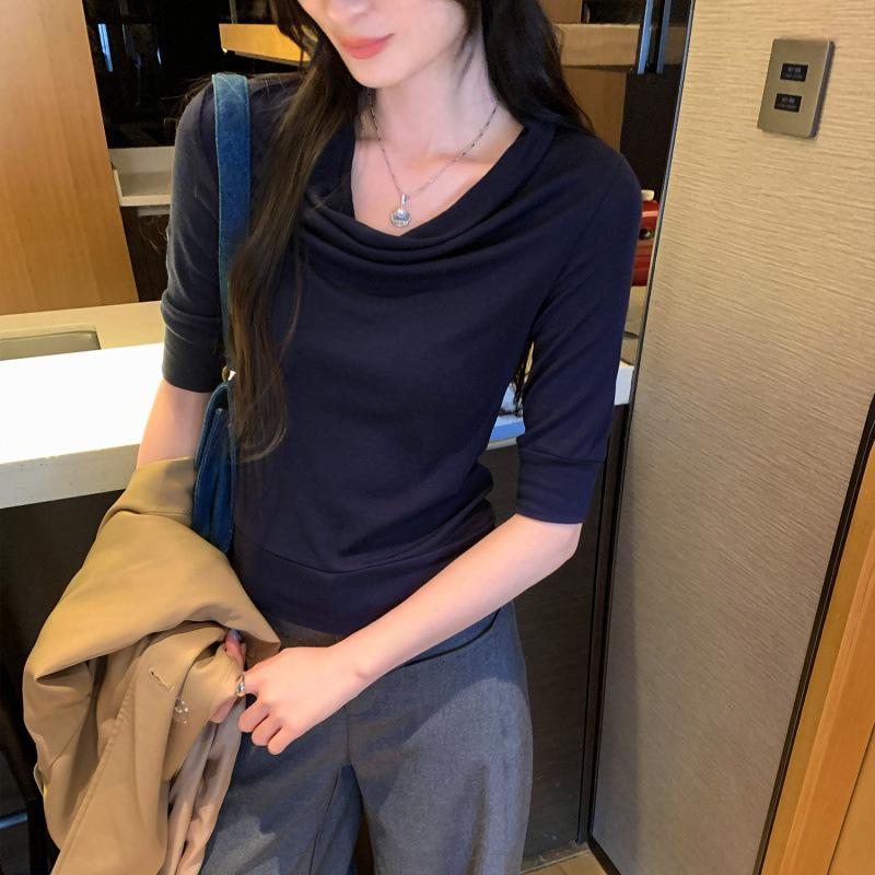 

Chic Grey Draped Collar Five-Quarter Sleeve Women s T-Shirt - New Autumn 2026 Arrival Small темно-синий