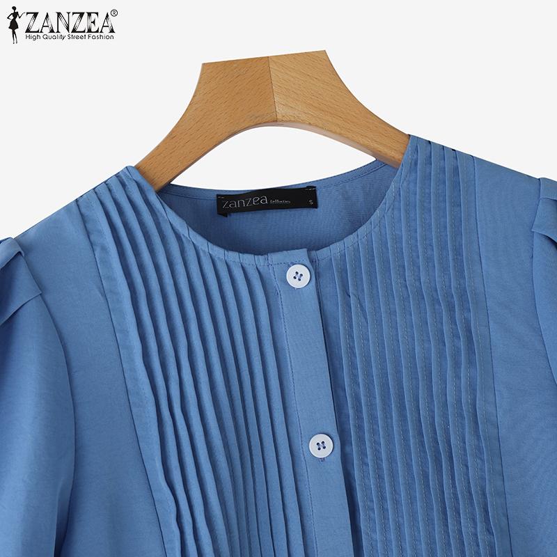 ZANZEA Women Casual Round Neck Summer Short Sleeve Button Blouse