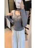 Koreanischer Stil Neckholder Quadratischer Ausschnitt T-Shirt für Damen - 2025 Herbst/Winter Amerikanische Nische Einfarbig Spitze Patchwork Trendiges Oberteil