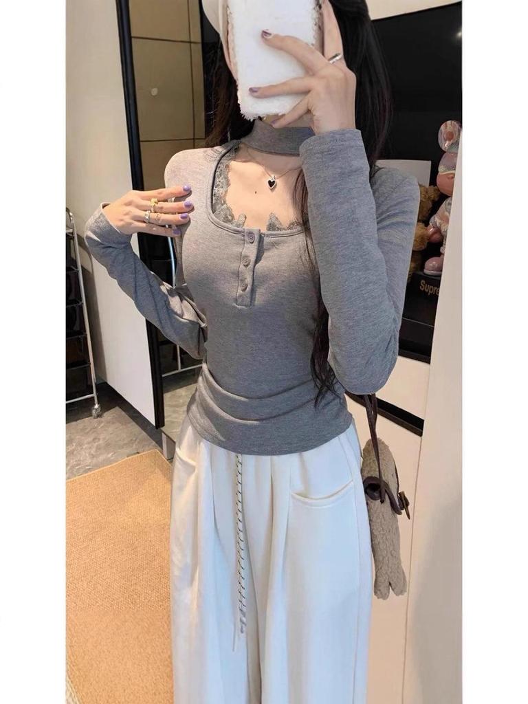 Koreanischer Stil Neckholder Quadratischer Ausschnitt T-Shirt für Damen - 2025 Herbst/Winter Amerikanische Nische Einfarbig Spitze Patchwork Trendiges Oberteil