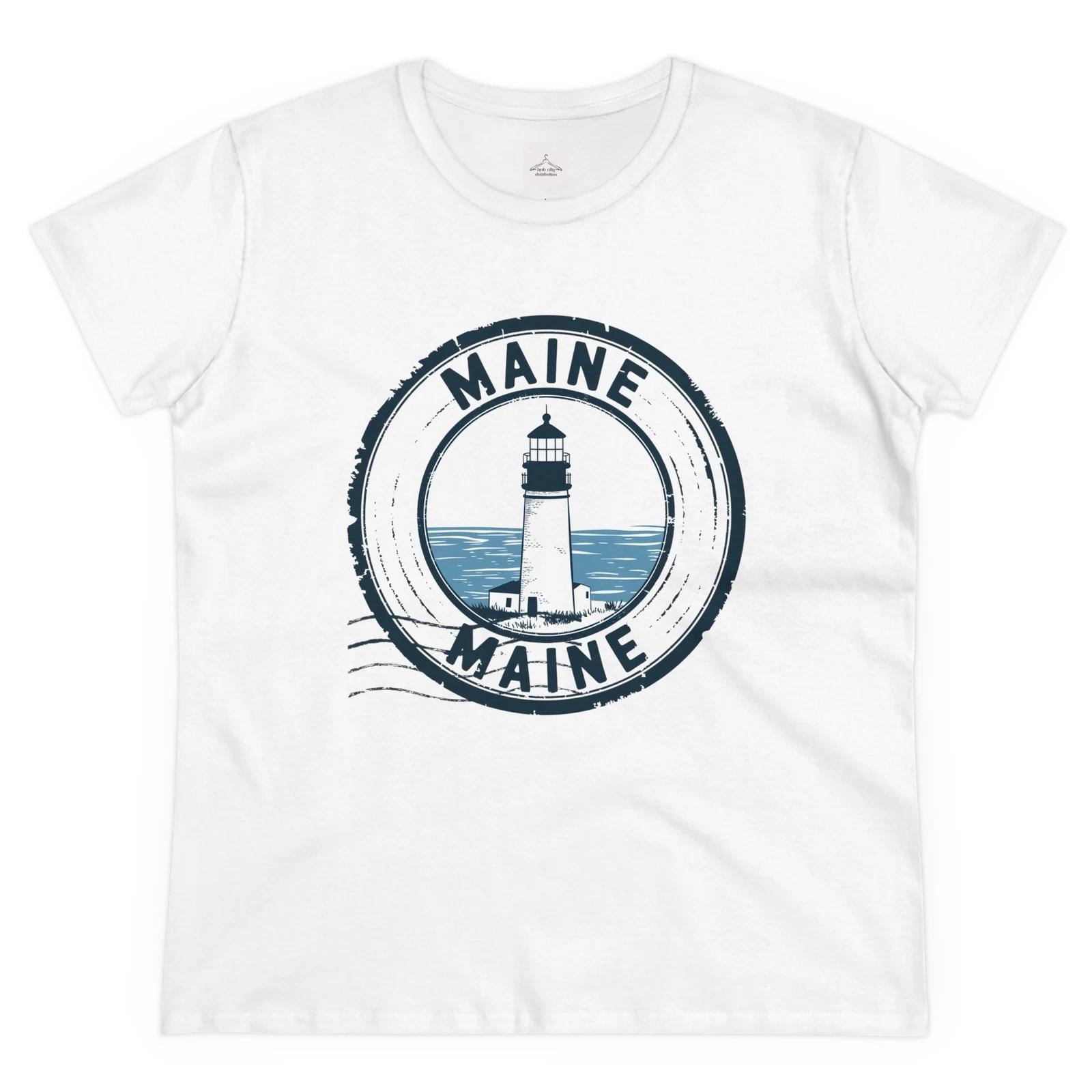 Maine Lighthouse Women s Cotton Tee, Nautical Summer Shirt, Beach Vacation Top, M