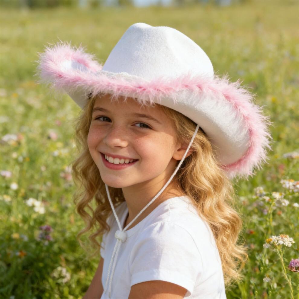 (M, White) Girls Cowgirl Hat Plush Edge Stylish Western Sun Hat with Pearl Ribbon Bow Belt Decor