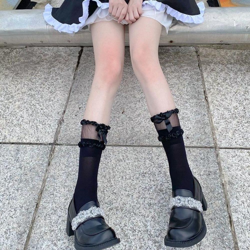 JK Calf Socks Lolita Lace Tube Socks Women's Summer Thin Bow Lolita Cute Half Socks Thin