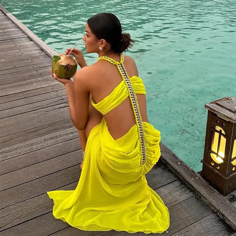 Асимметричное макси-платье из шифона с разрезом, имитирующее двойку, с цепочкой на шее Large флуоресцентный желтый