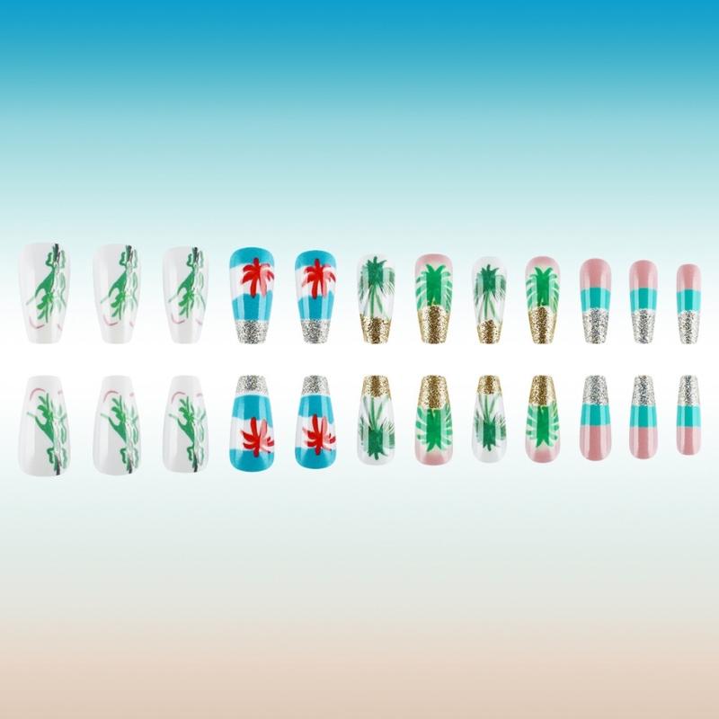 24 Pcs Summer Artificial Nail Long Ballerinas Full Cover False Nail Glittering Stick on Nail Coconut Tree Press On Nail