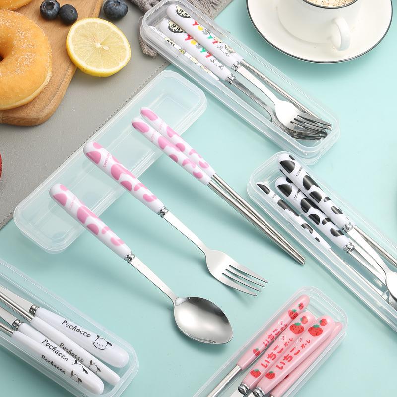 Ensemble de couverts portables en acier inoxydable, fourchettes, cuillères, baguettes, vache de dessin animé fraise, couverts de pique-nique en plein air, ustensiles de cuisine