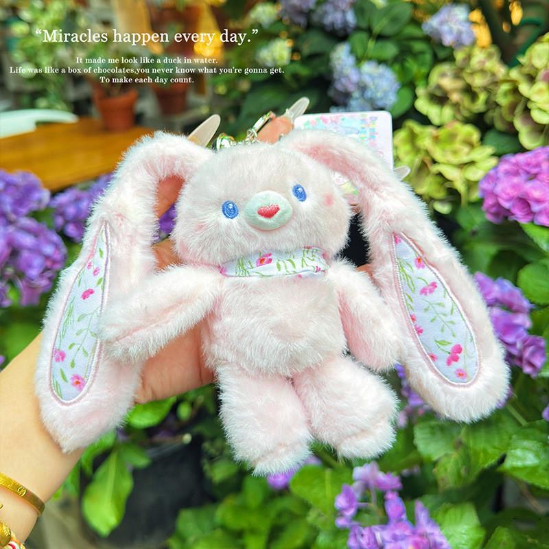 Plush Fluffy Rabbit Pendant Keychain With Flower Design For Accessories Backpack