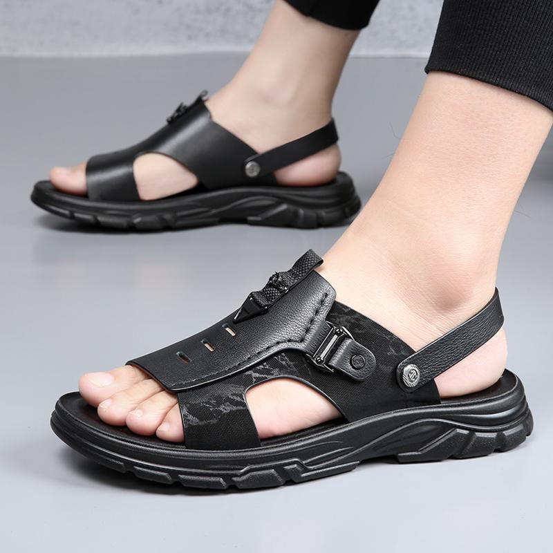 Summer Men's High-quality Top Layer Cowhide Casual Beach Sandals Classic Men's Breathable and Anti Slip Latex Padded Beach Shoes