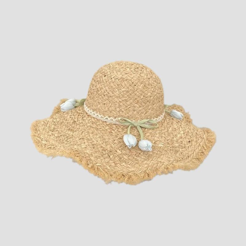Flower Rose Decoration Raffia Straw Hat for Women Summer Large Brim Sun Hat Seaside Atmosphere Elegant Wedding Hat