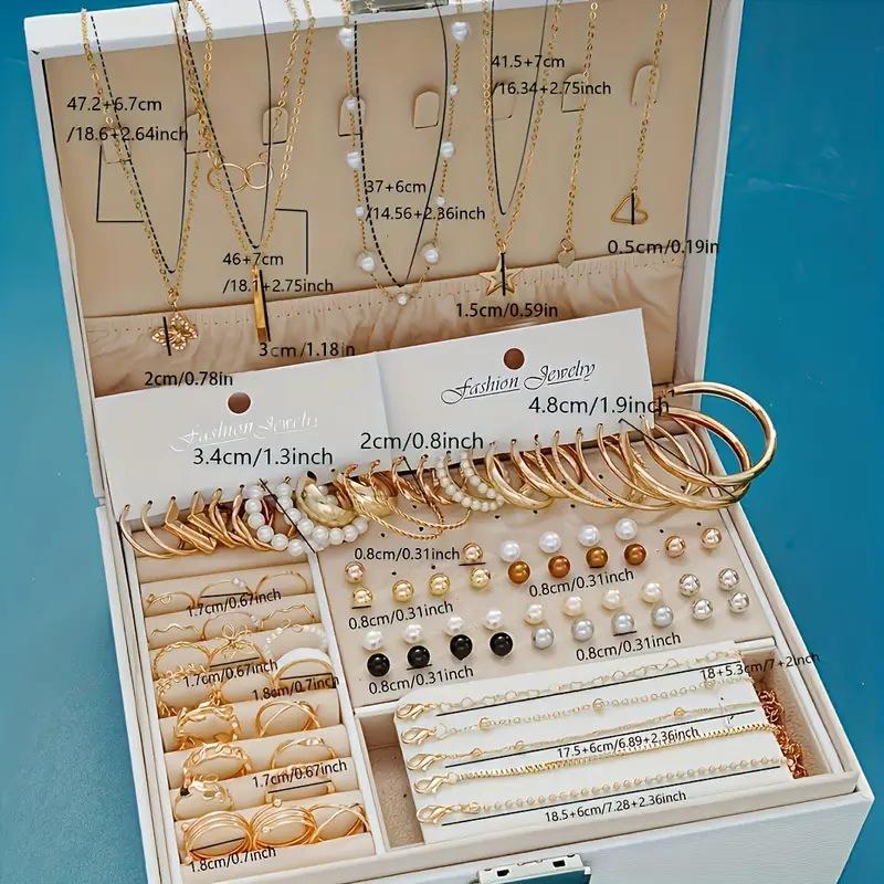 86 Stück/Set Elegante Perlenohrringe Mehrschichtige Halskette Ohrstecker Ringe 4-in-1 Schmuckset für Damen Tägliches Tragen Geschenk (Kein Kasten)
