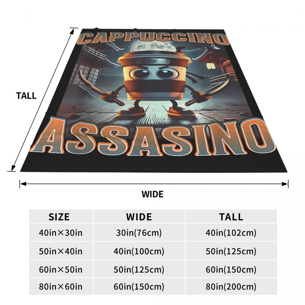 Italian Brainrot Cappuccino Assassino Flannel Blanket Soft Warm Bedding Throws for Living Room Camping Bedspread Sofa Bed Cover