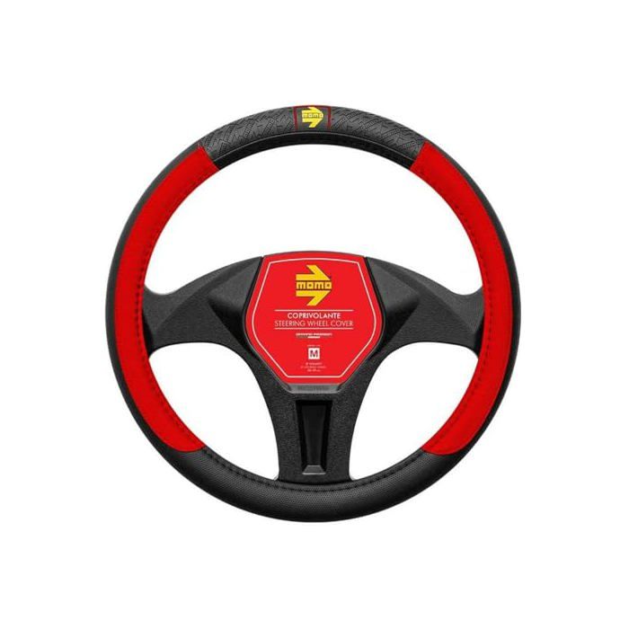 Leather Steering Wheel Cover - Momo - 38-39 Cm - Black/Red - Car - Synthetic Leather - Interior Trim
