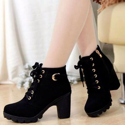 2024 Nya Vår Vinter Kvinnor Pumps Stövlar Hög Kvalitet Snörning Europeiska Dam Skor PU Högklackade Stövlar