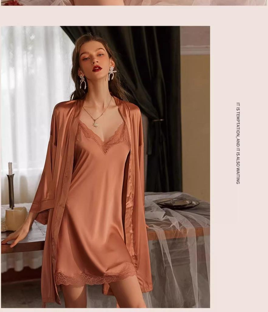 Camisón de Encaje de Seda de Hielo de Alta Gama Verano 2025 para Mujer - Estilo Puro Deseo con Almohadilla en el Pecho, Talla Grande Disponible