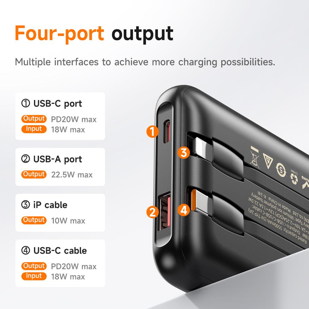 Hoco. Q37 10000mAh 22.5W Power Bank with Built-in USB-C/Lightning Cables, PD20W Fast Charging, Digital Display