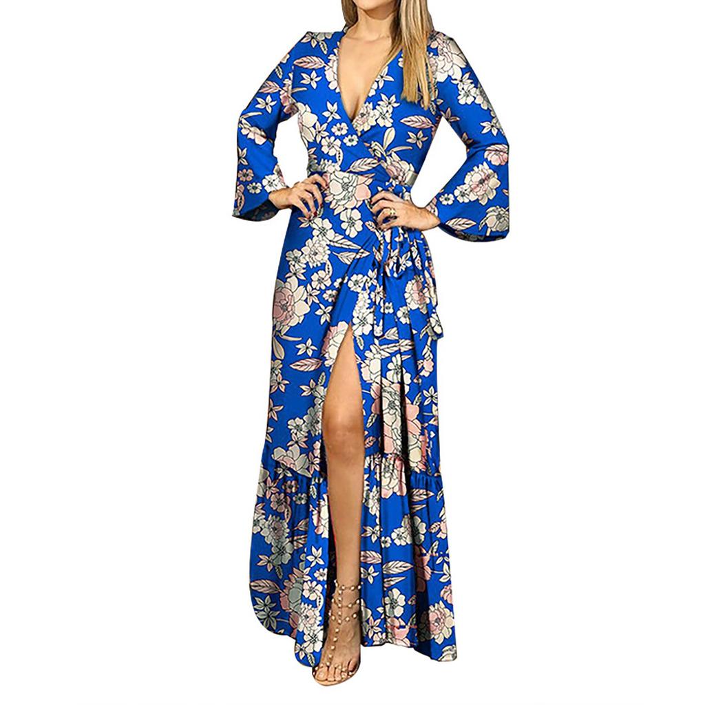 Women's Fashion V-neck Long-Sleeved Print Oversized Strappy Long Dresses