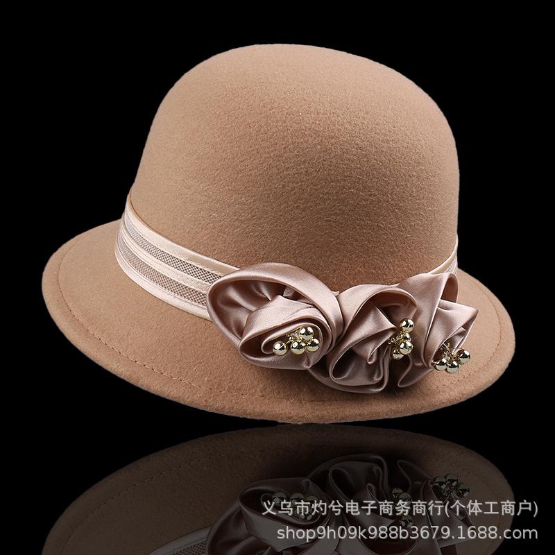 New Hepburn style retro rose flower French elegant dome top hat women's autumn and winter outdoor washbasin hat