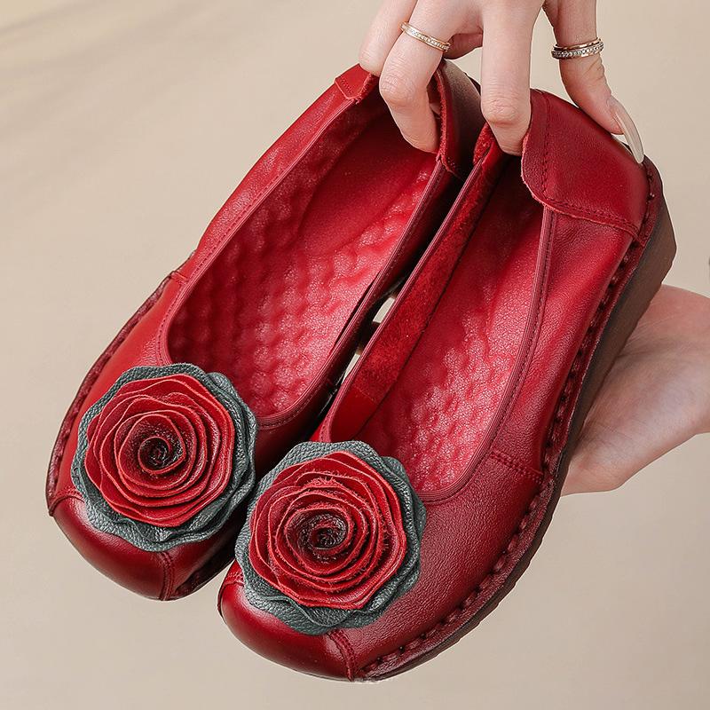 2025 Spring luxury cowhide leather shoes woman handmade flower flats retro wedged loafers ladies chic soft red dressy moccasins