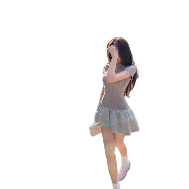 Women's Slim Fit Gray Polo Dress - Short-Sleeved, Waist-Cinching, A-Line Petite Summer Dress