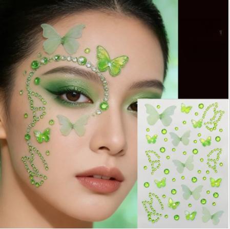 1Sheet Color Butterfly Face Stickers Children Eyes Facial Makeup Butterfly Face Gem Decals Crystal Round Diamond Tattoo Stickers