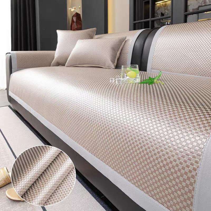 Summer Ice Sliky Fiber Fabric Sofa Cushion, Rectangular Non-Slip Fixed Mat, Light Luxury Cover for Summer Use Suitable for Living Room
