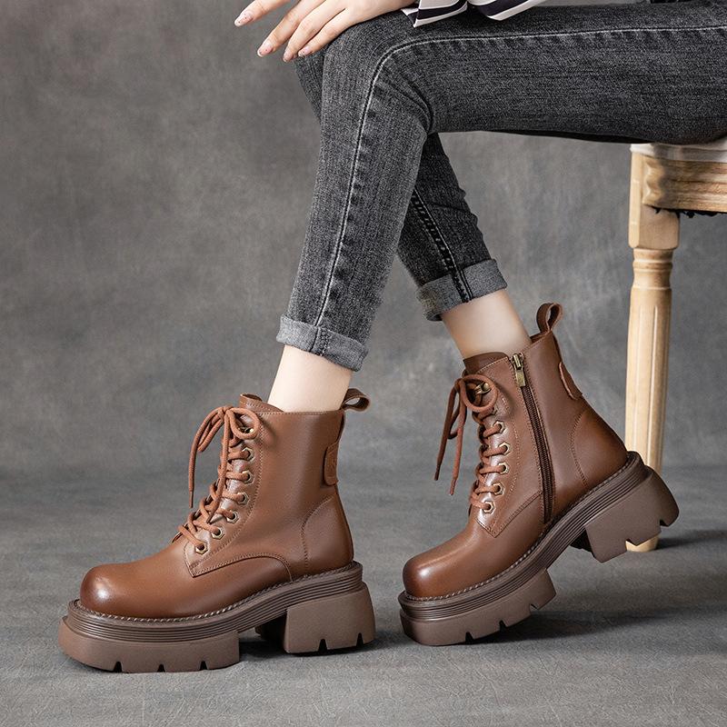 The First Layer of Cowhide Martin Boots for Women In the Autumn and Winter of 2025, the New Retro Lace-up Leather Platform Muffin Shoes for Women Wi