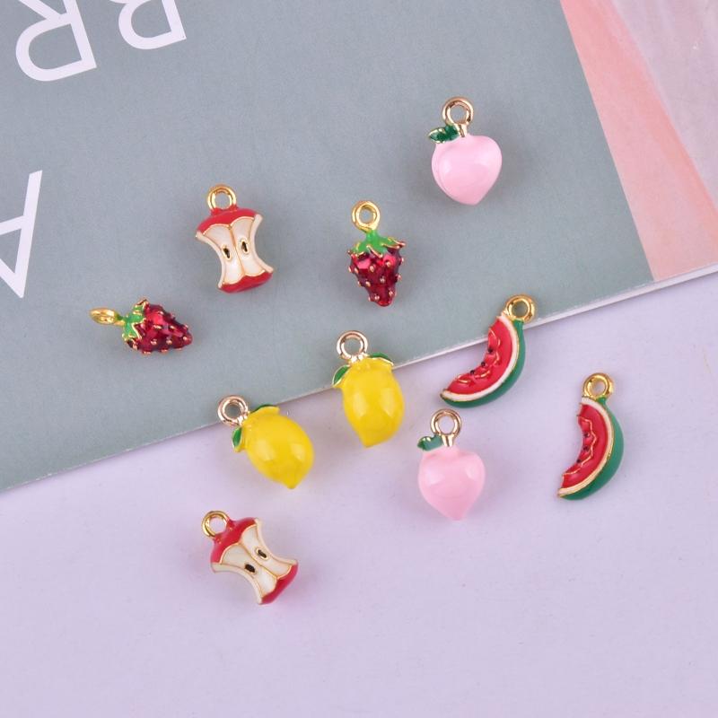 10Pcs 3D Style Fruit Lemon Beach Strawberry Avocado Enamel Metal Charms Pendant For Diy Earring Keychain Jewelry Making